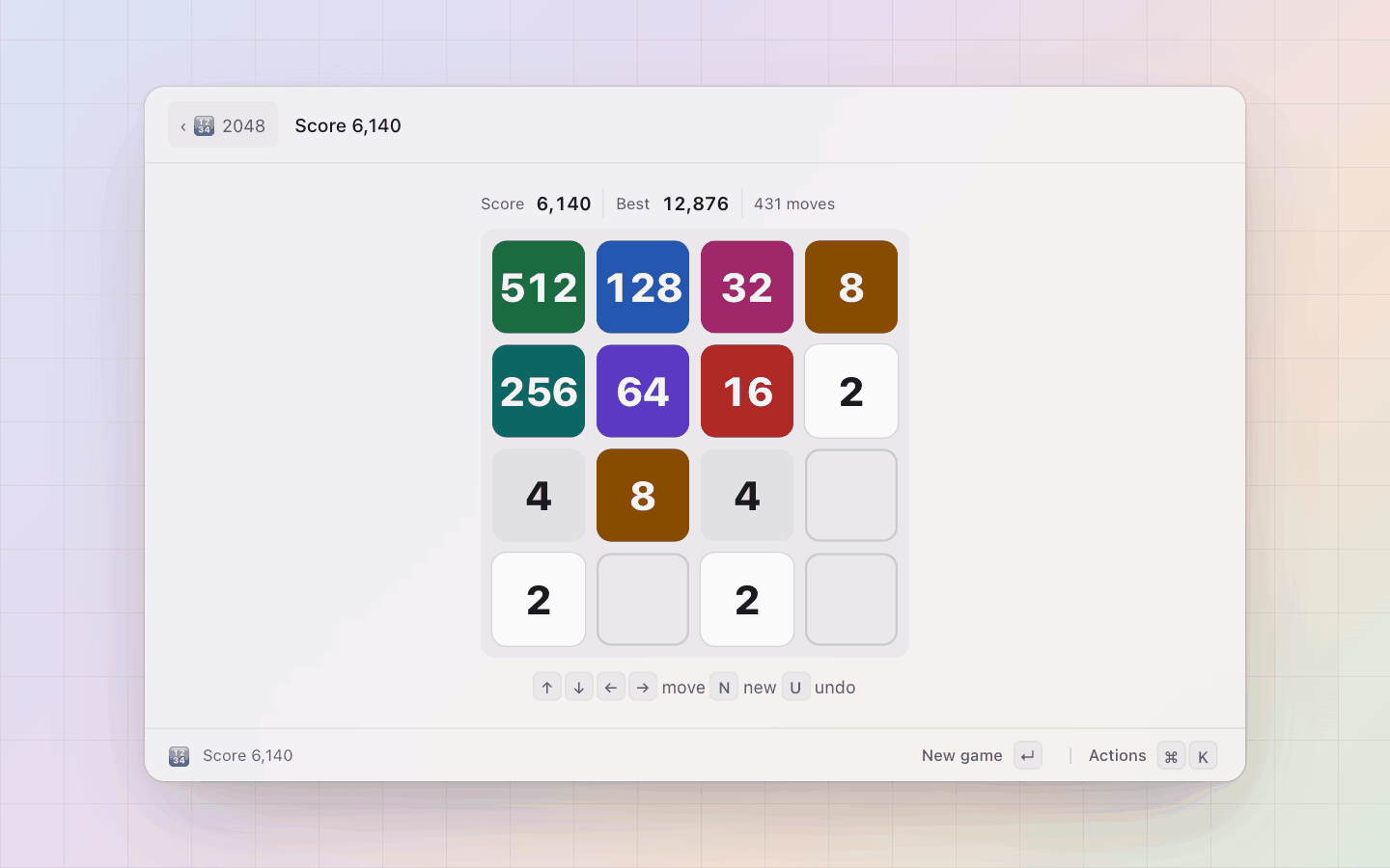 2048: Mid-game: the score, the best and the move count above the board, the keys under it