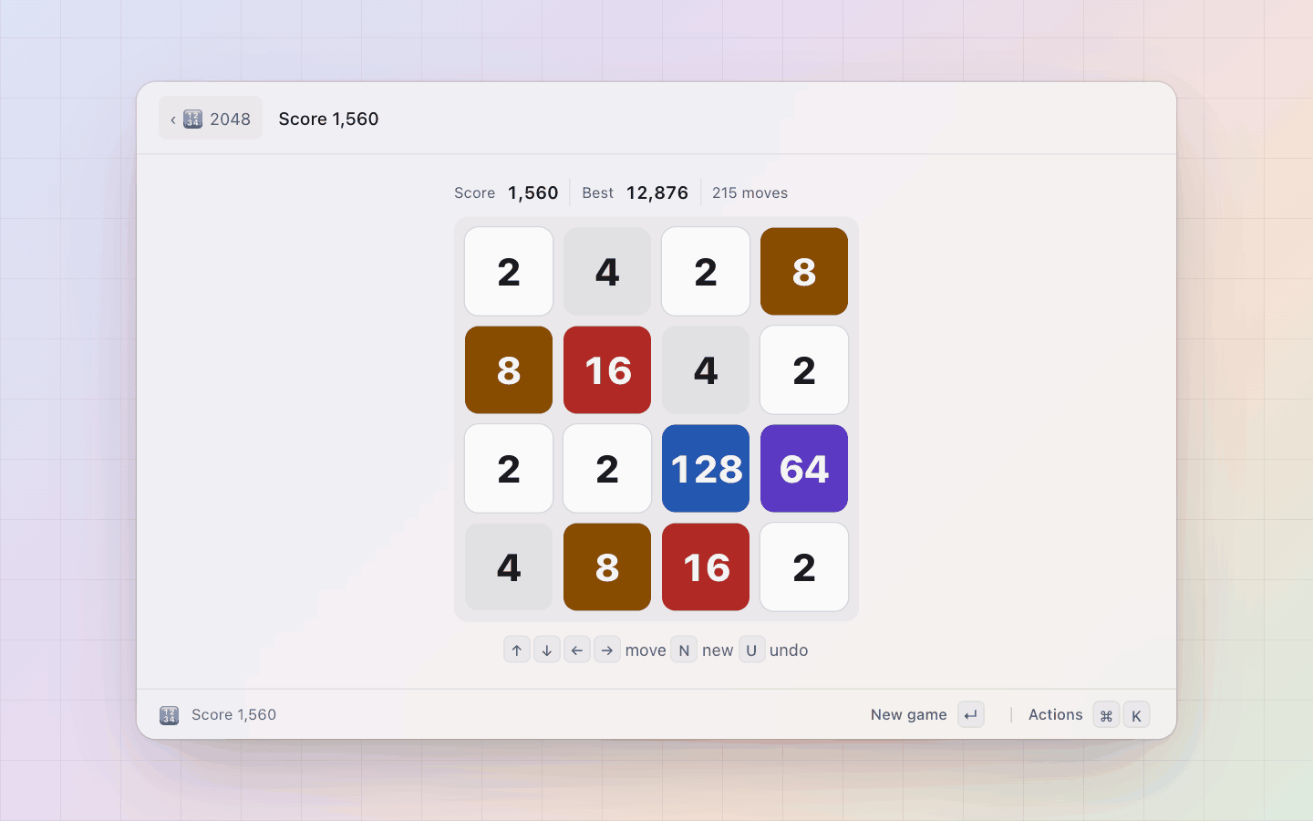 2048: Game over: no move left, the score, Enter for a new game