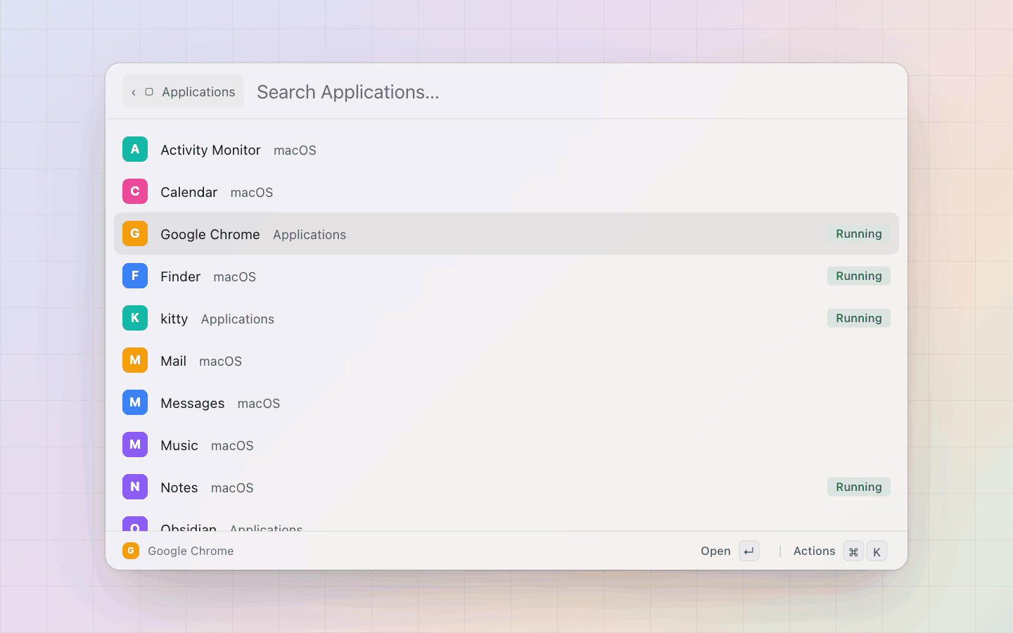 Applications: The applications, their source as the subtitle, the running ones tagged