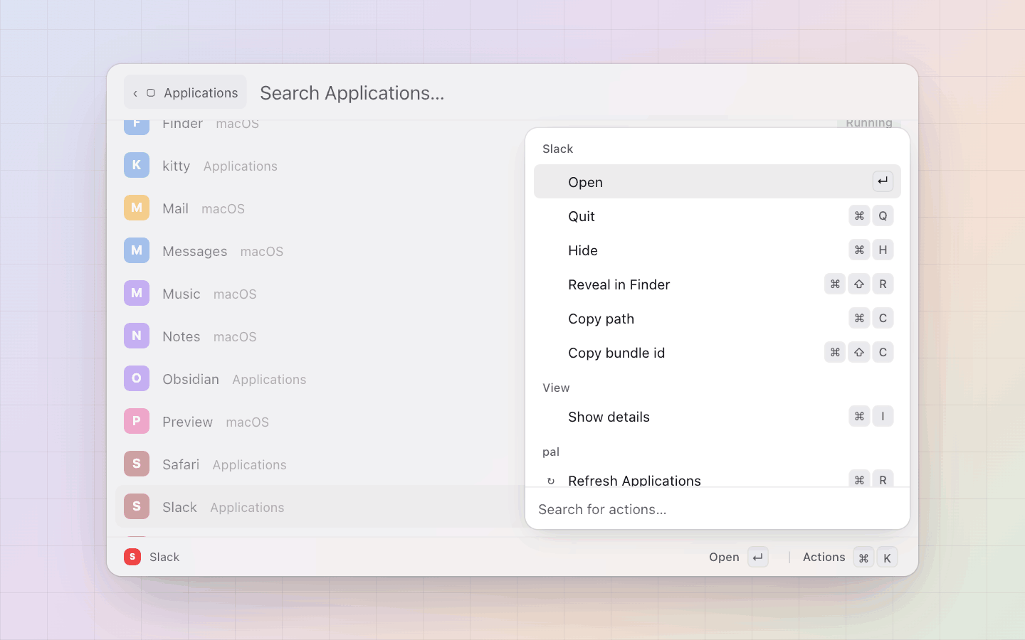 Applications: A running app: Open, Quit, Hide, Reveal in Finder, Copy path, Copy bundle id