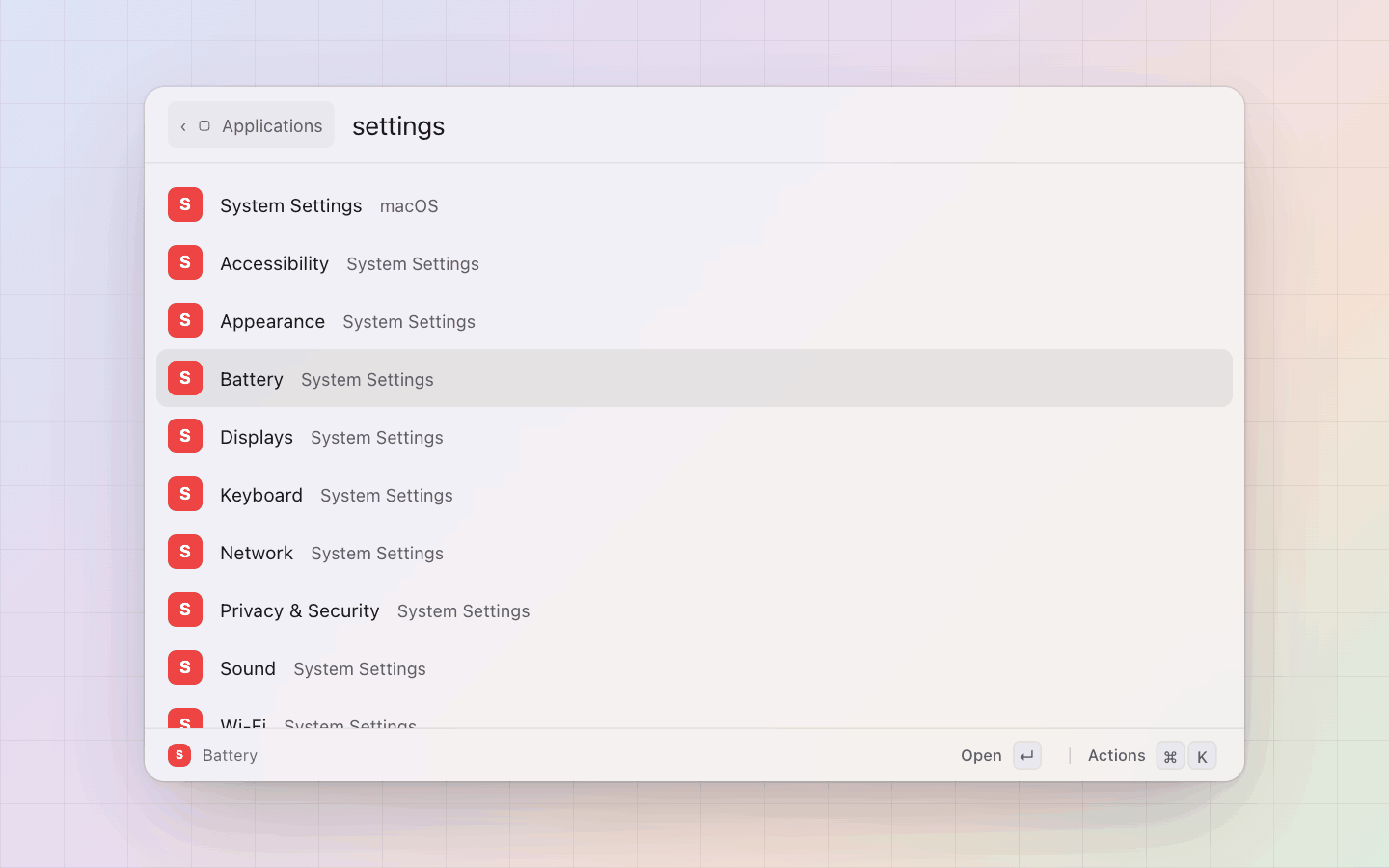Applications: The System Settings panes are rows too, found by what they hold