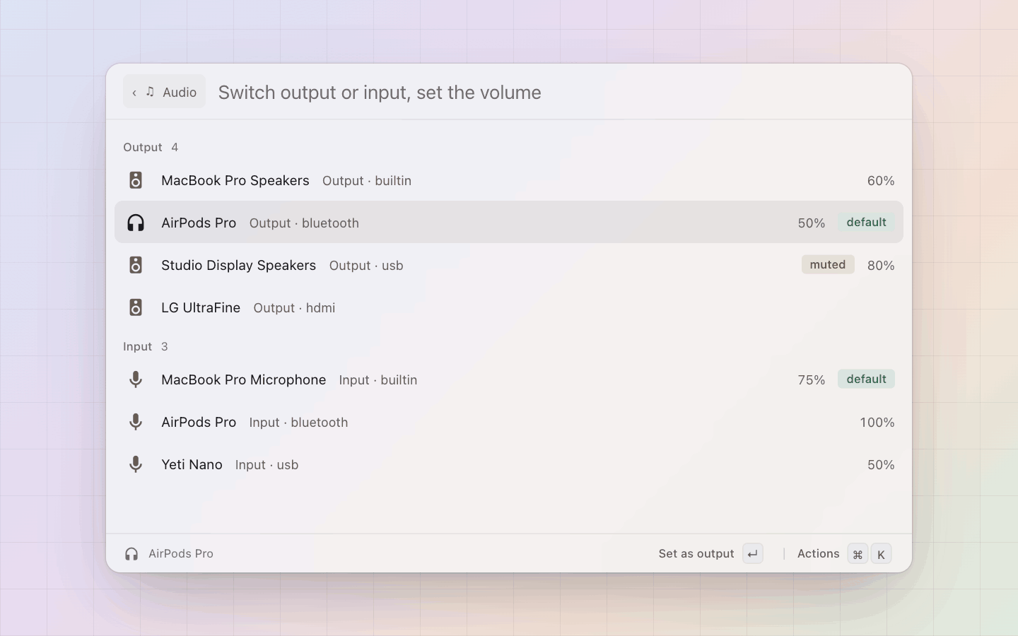Audio: Outputs and inputs, the defaults tagged, a muted device marked, the volume on the right