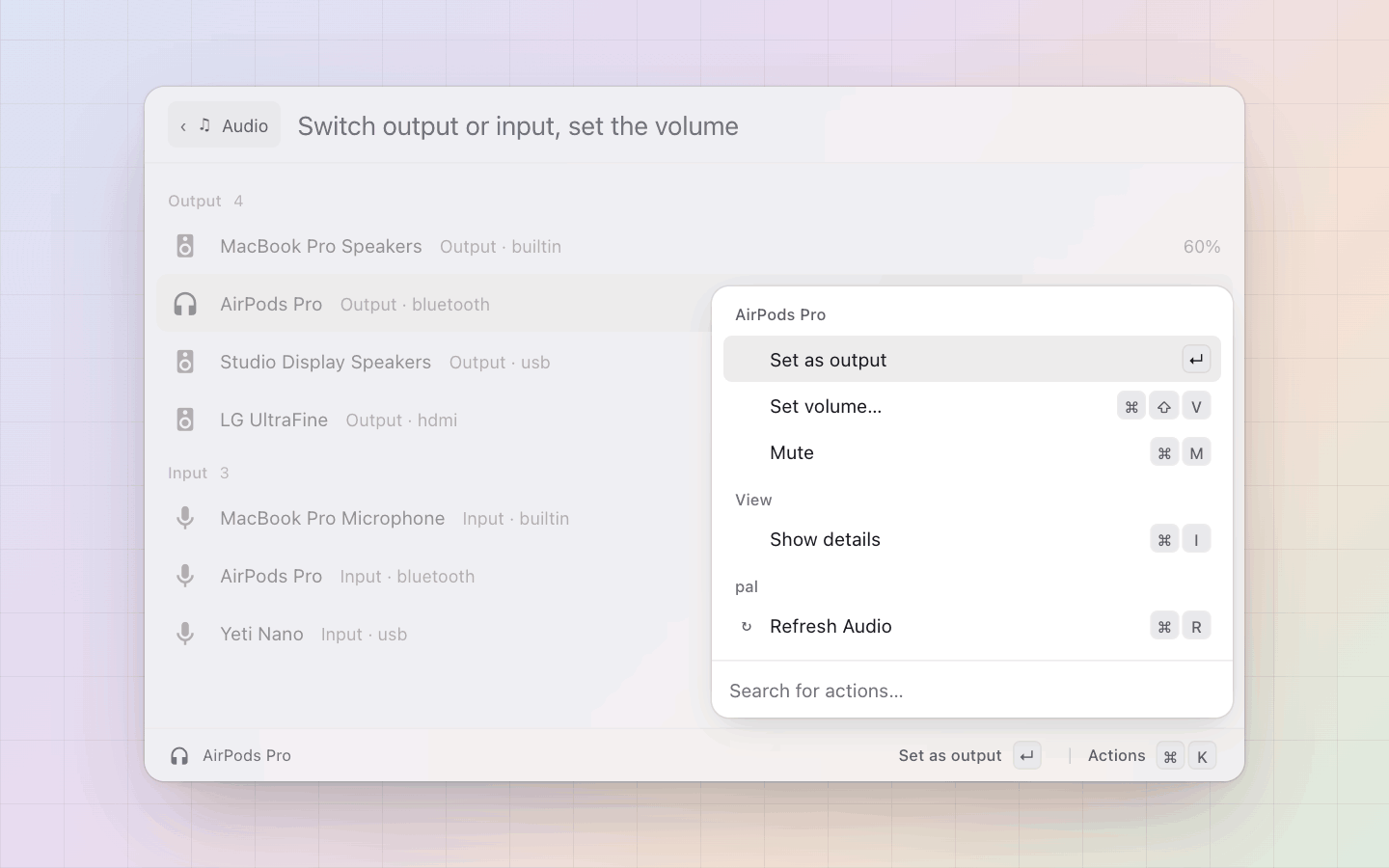 Audio: What a device can do: set as output, set the volume, mute