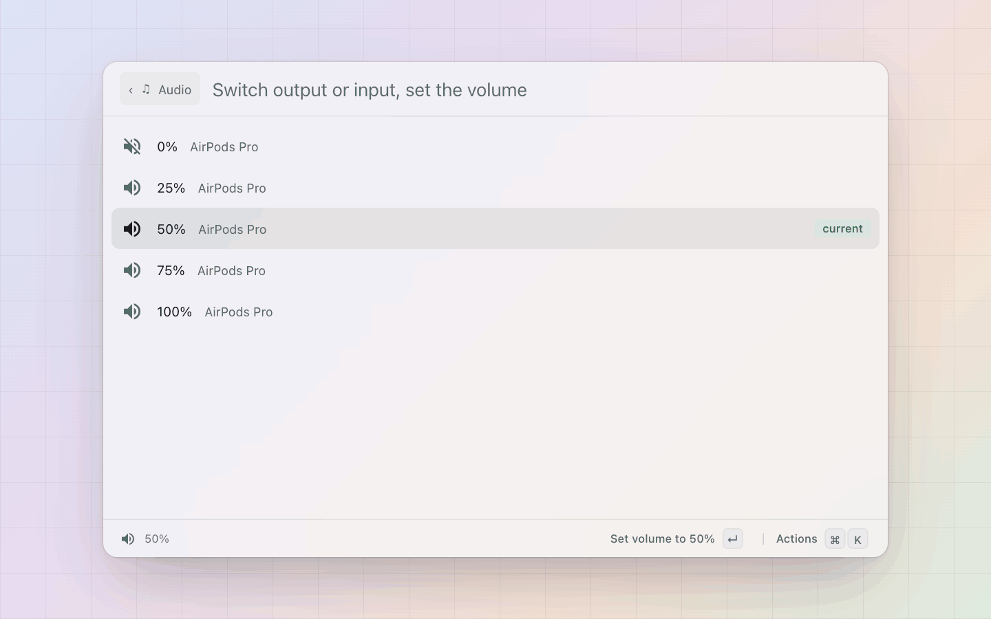 Audio: The volume presets for one device, the current level tagged