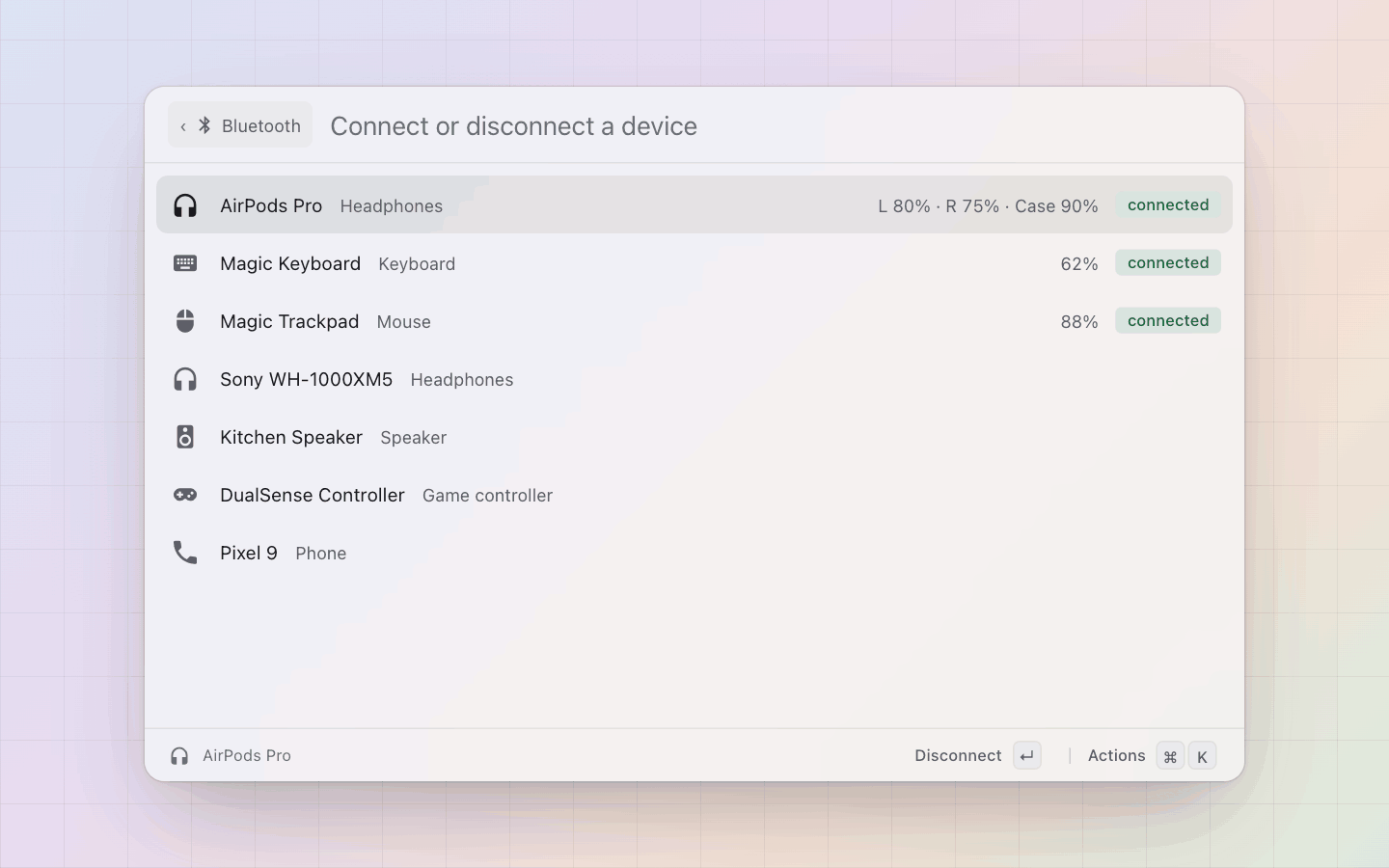 Bluetooth: Paired devices, the connected ones first with their battery