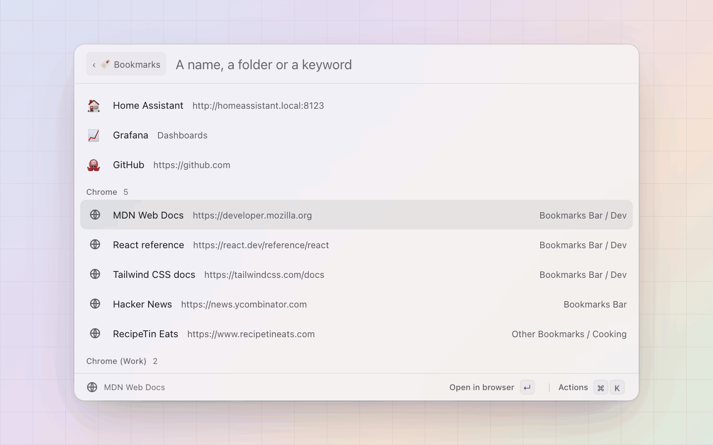 Bookmarks: The file's links first, then each browser in its section, the folder on the right