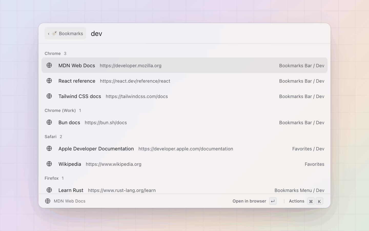 Bookmarks: A folder name is a keyword: typing it finds what is filed under it