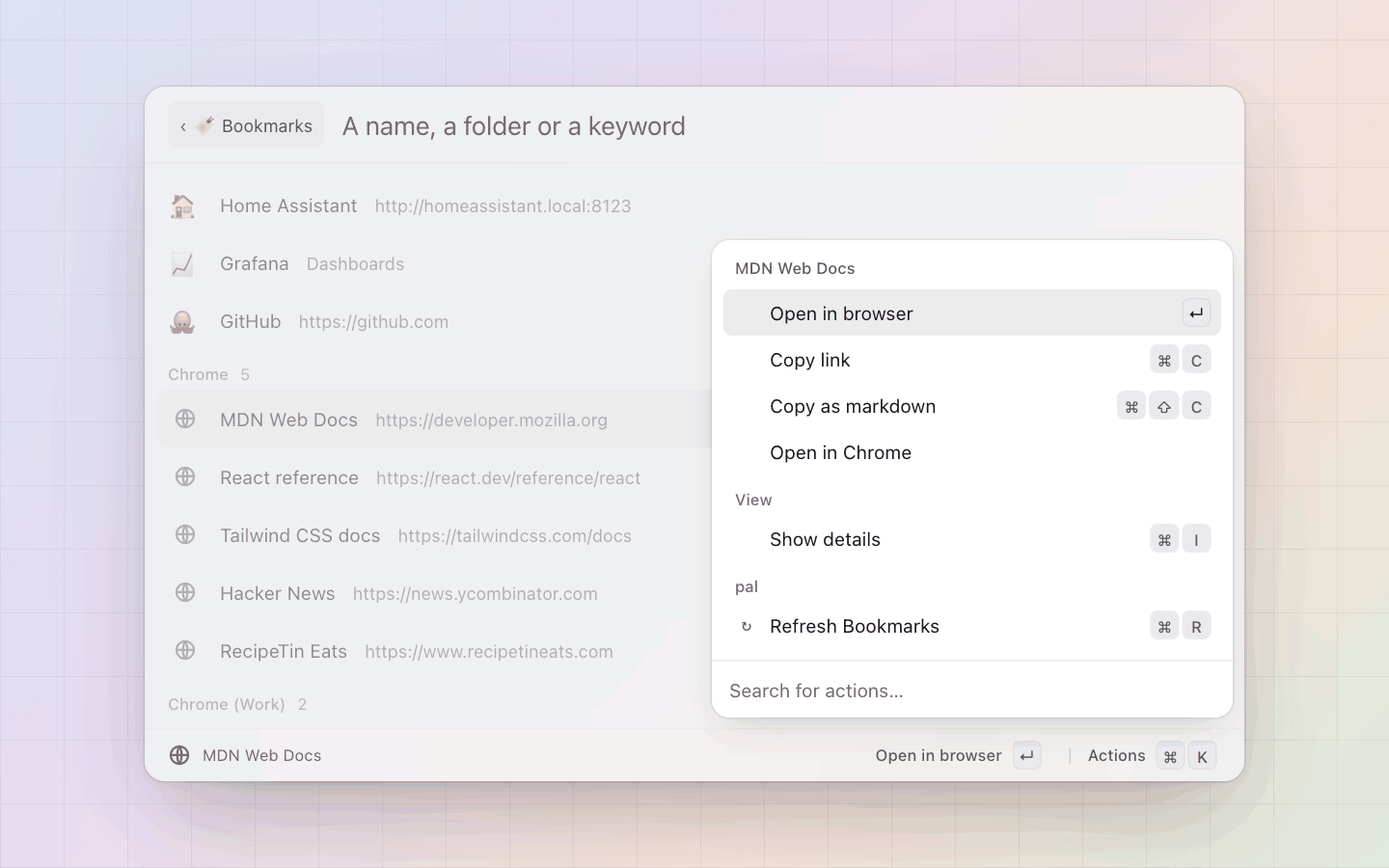Bookmarks: Open in browser, Copy link, Copy as markdown, Open in Chrome
