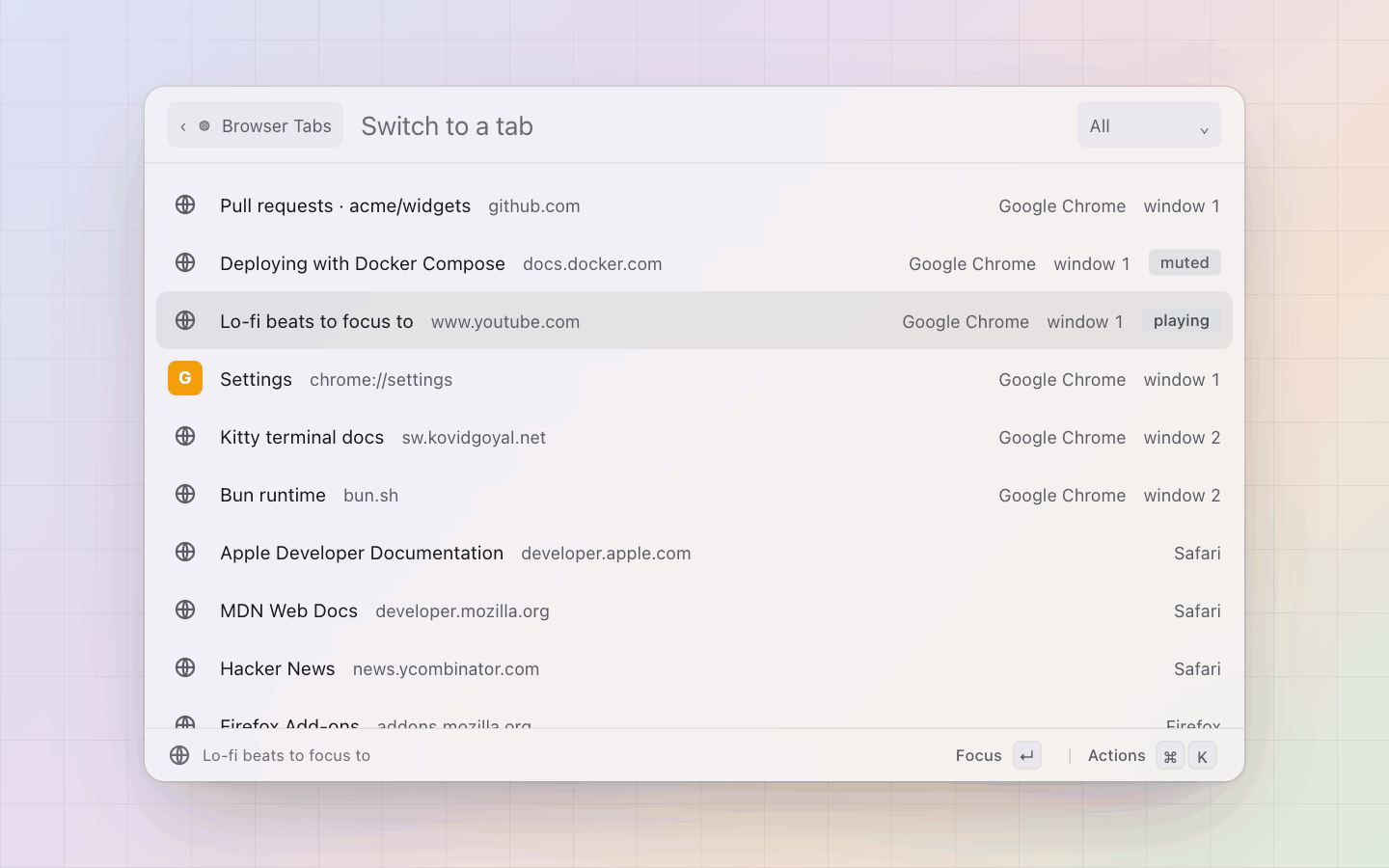 Browser Tabs: The tabs of two browsers in their own order, the host as the subtitle, playing and muted tagged