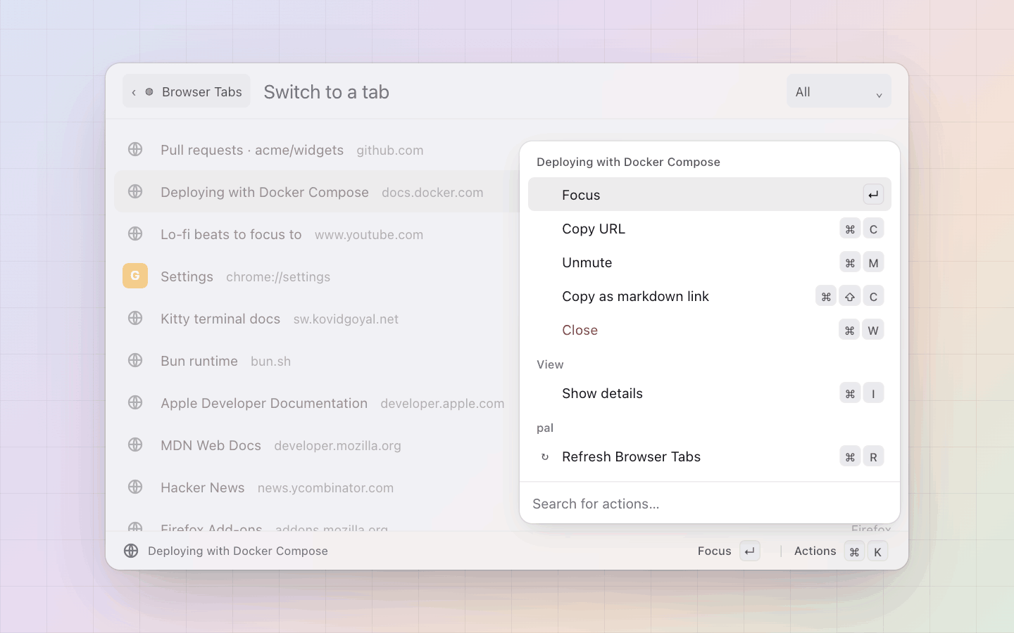 Browser Tabs: Focus, Close, Copy URL, Mute, Copy as markdown link