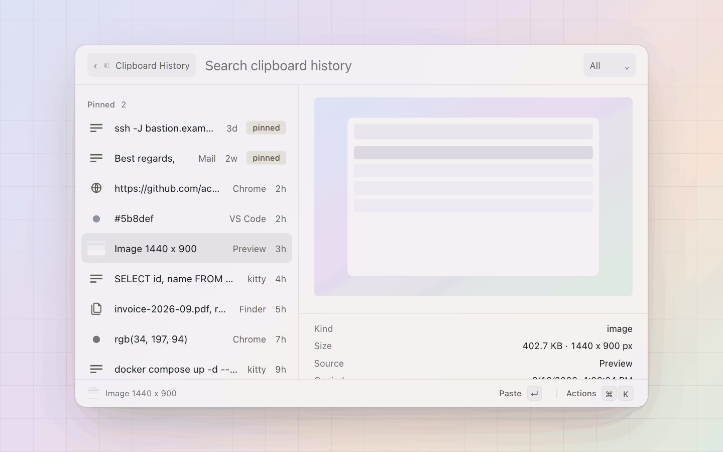 Clipboard: An image entry: its size and dimensions, the picture in the pane
