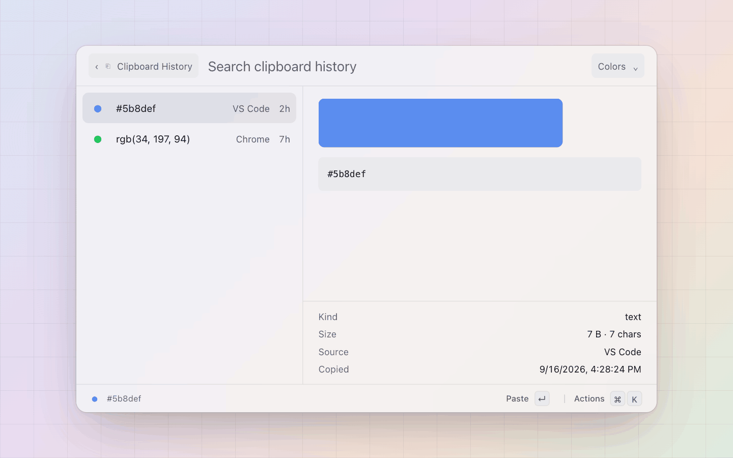 Clipboard: The Colors filter: a copied colour is drawn as its own swatch