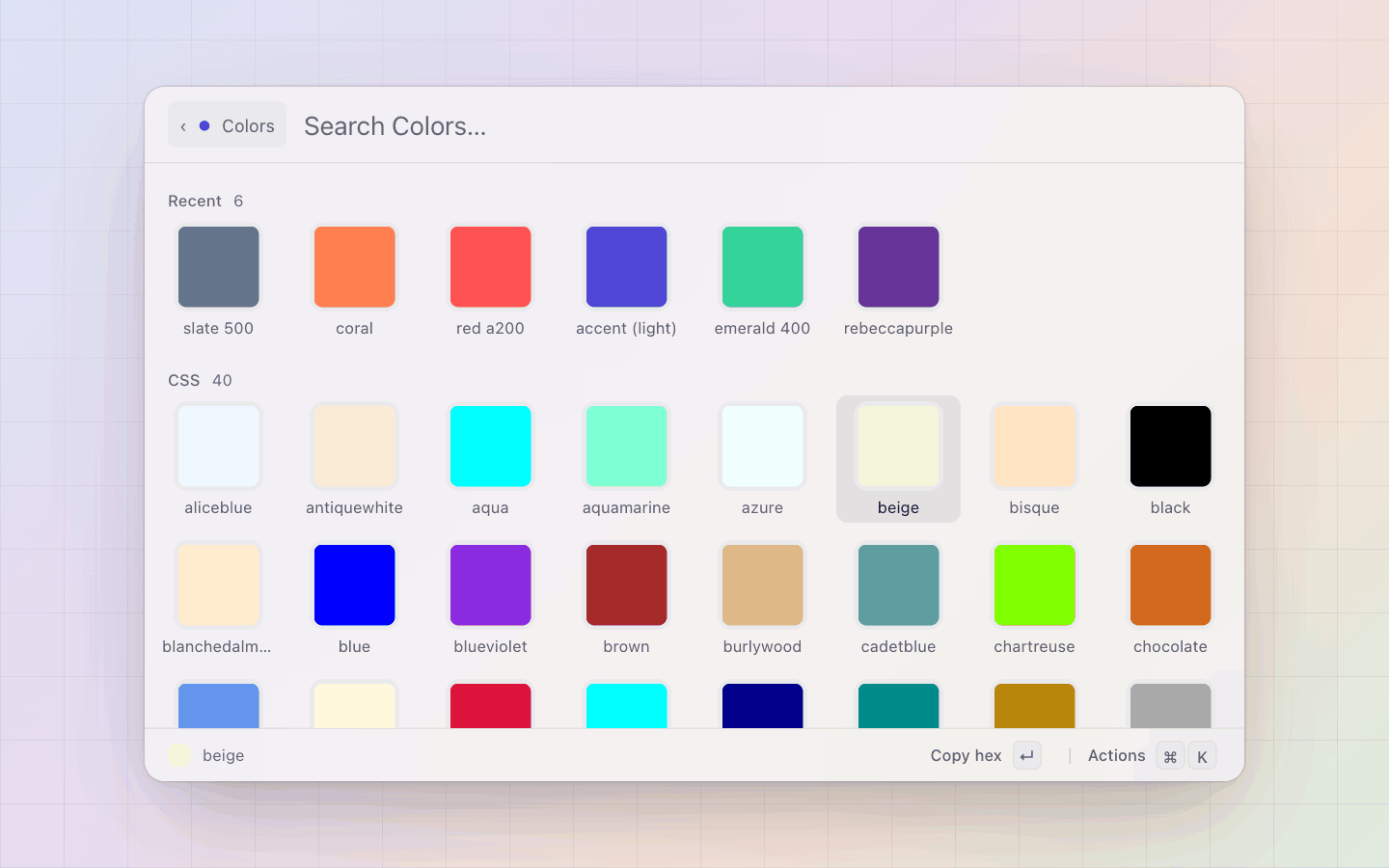 Colors: The swatch grid: recently picked first, then one section per set