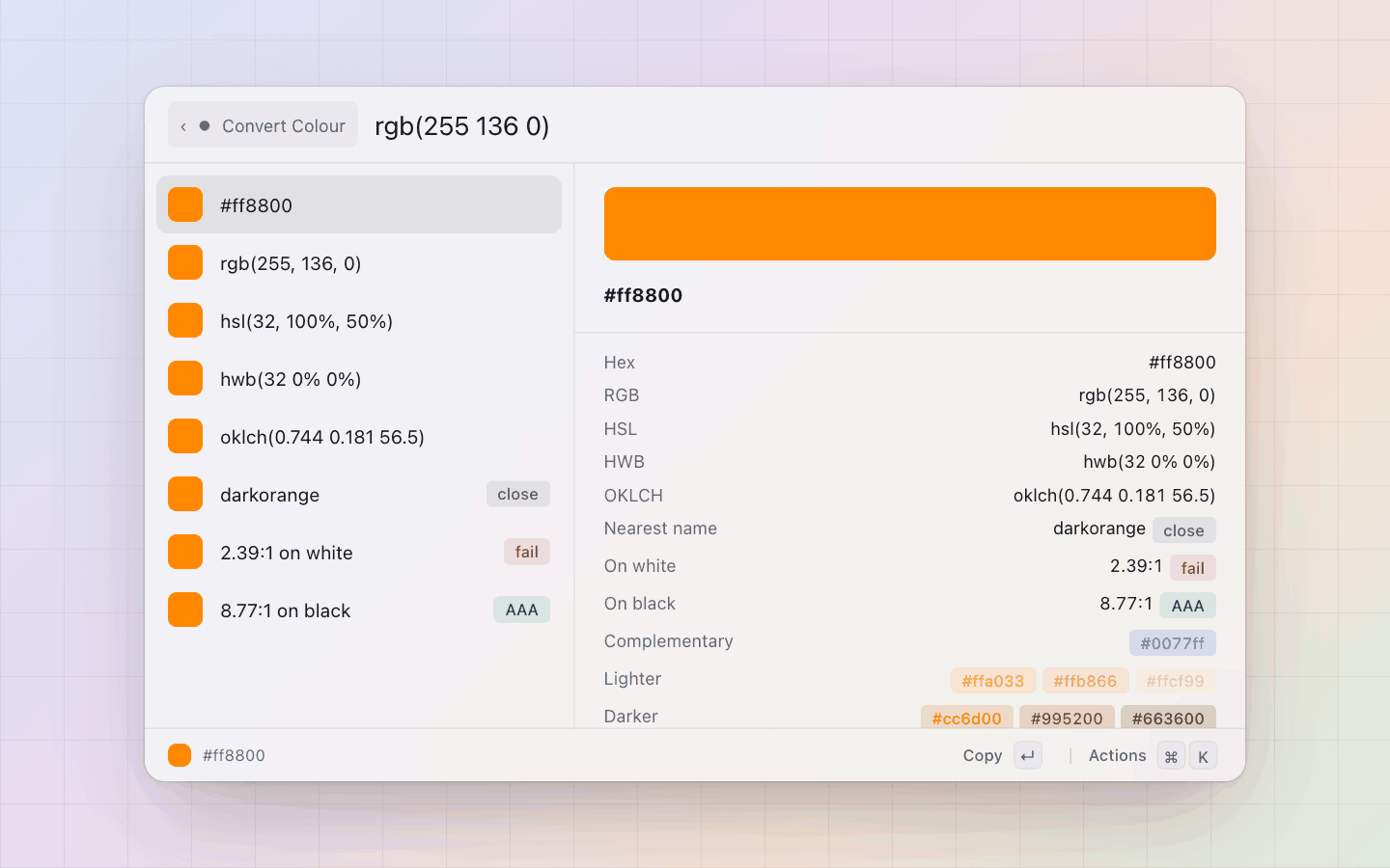 Colors: The detail pane on a conversion: a wide swatch, every notation, the nearest name, contrast on white and black