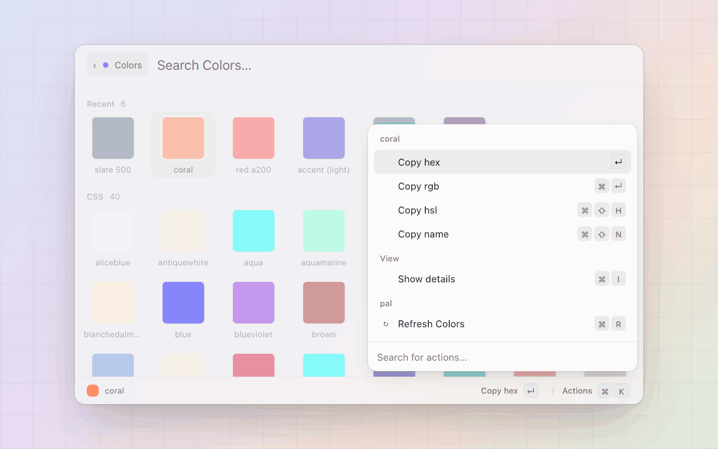 Colors: What a swatch can do: copy the hex, the rgb, the hsl or the token name