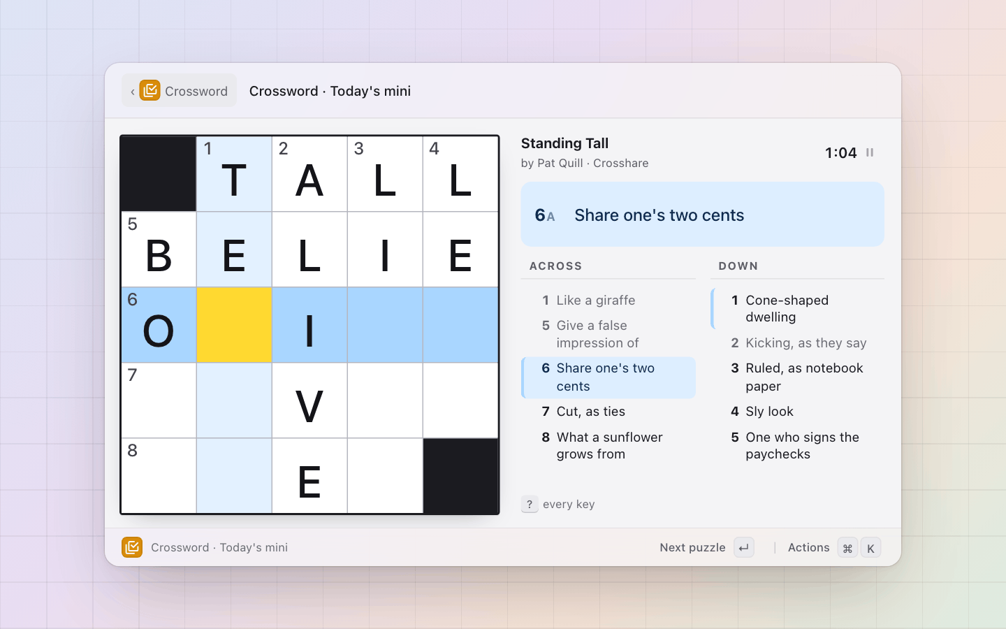 Crossword: Today's mini mid-solve: the clue you are on above the lists, the crossing clue lit