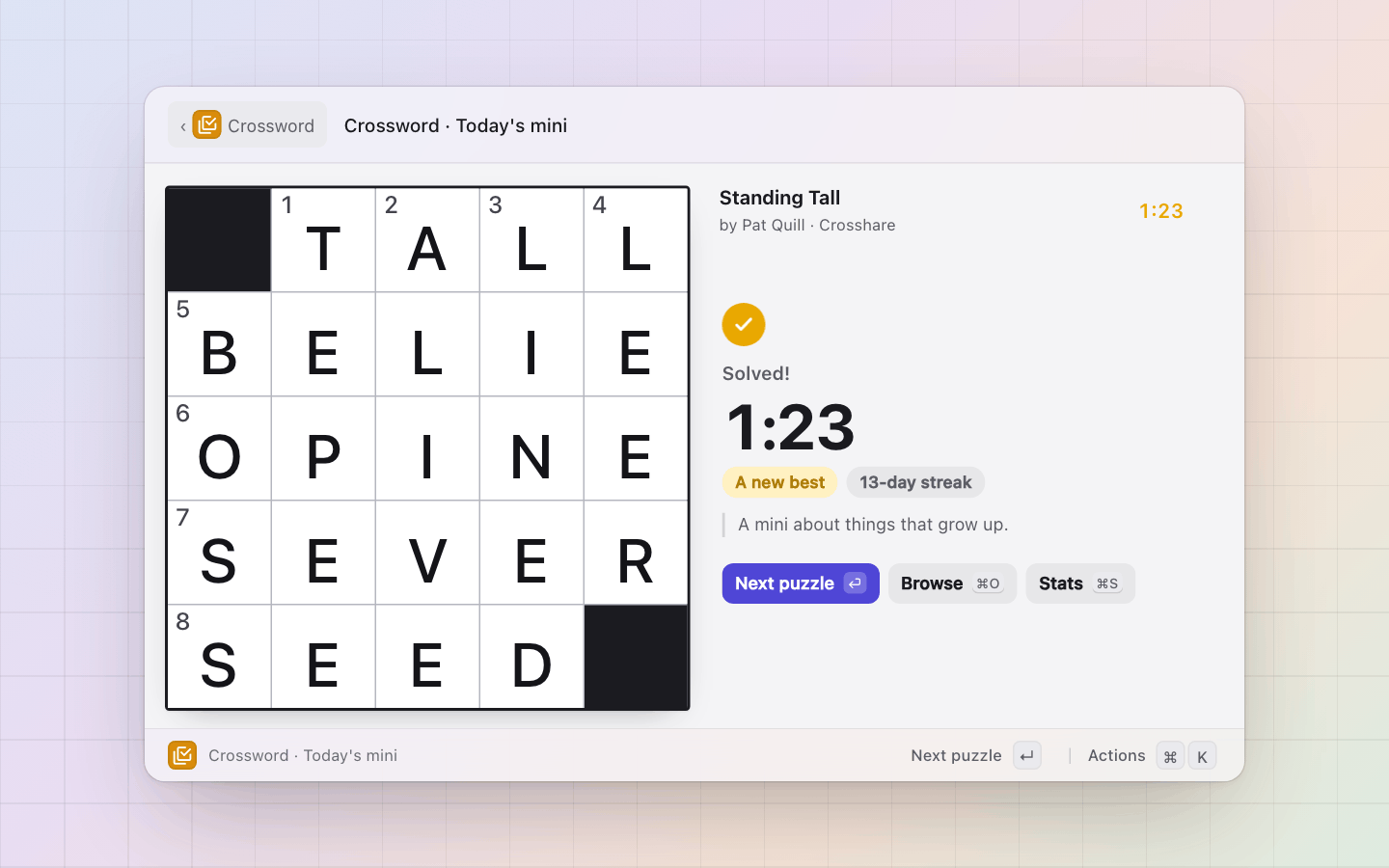 Crossword: Solved: the time, the best, the streak, Next puzzle on Enter