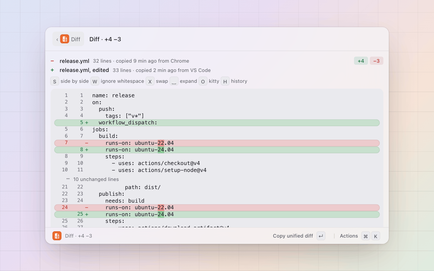Diff: The two newest copies diffed: the older on the left, the words that changed marked, unchanged runs folded