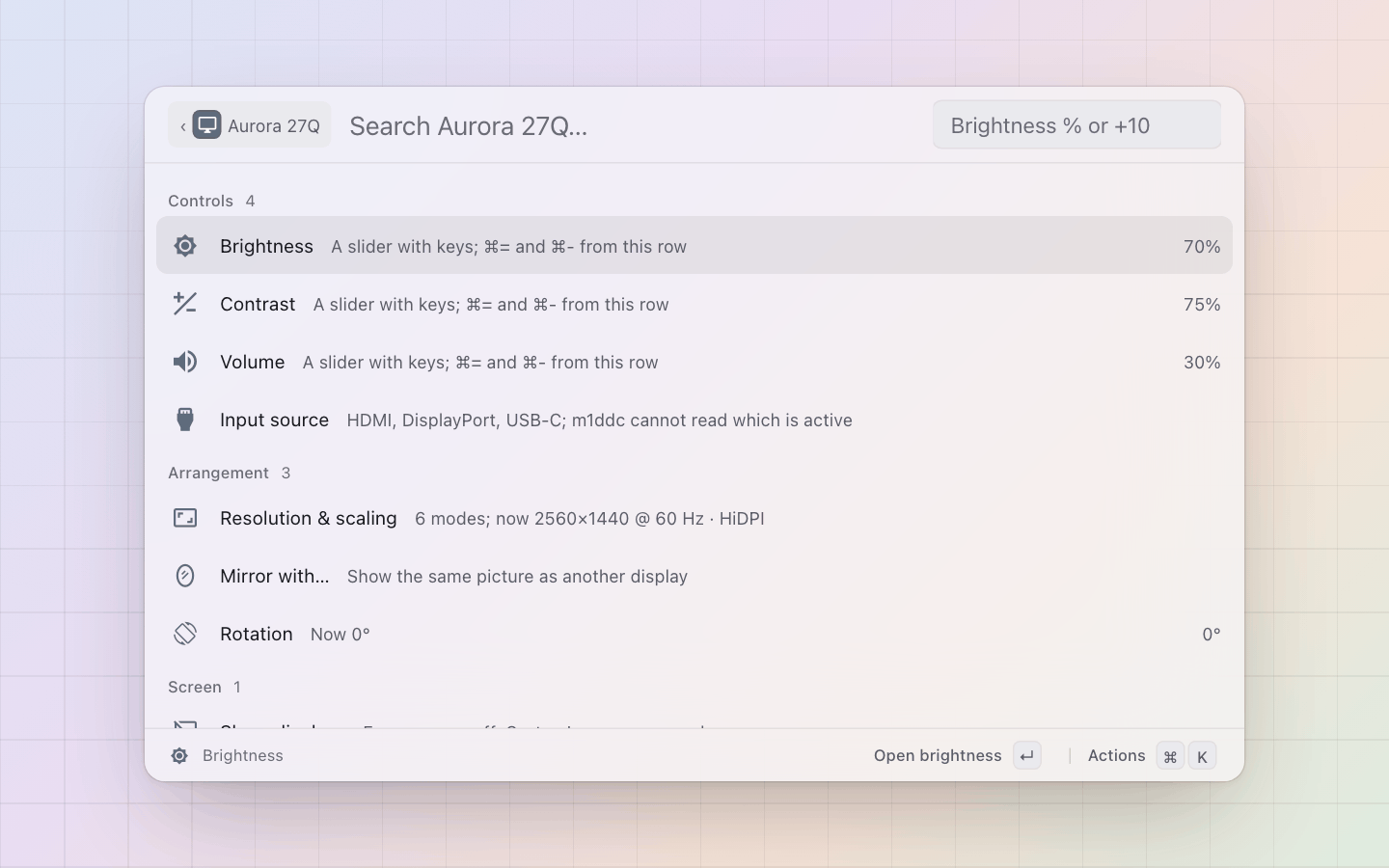 Displays: Enter on a monitor: brightness, contrast and volume over DDC, the input source, modes, mirroring and rotation