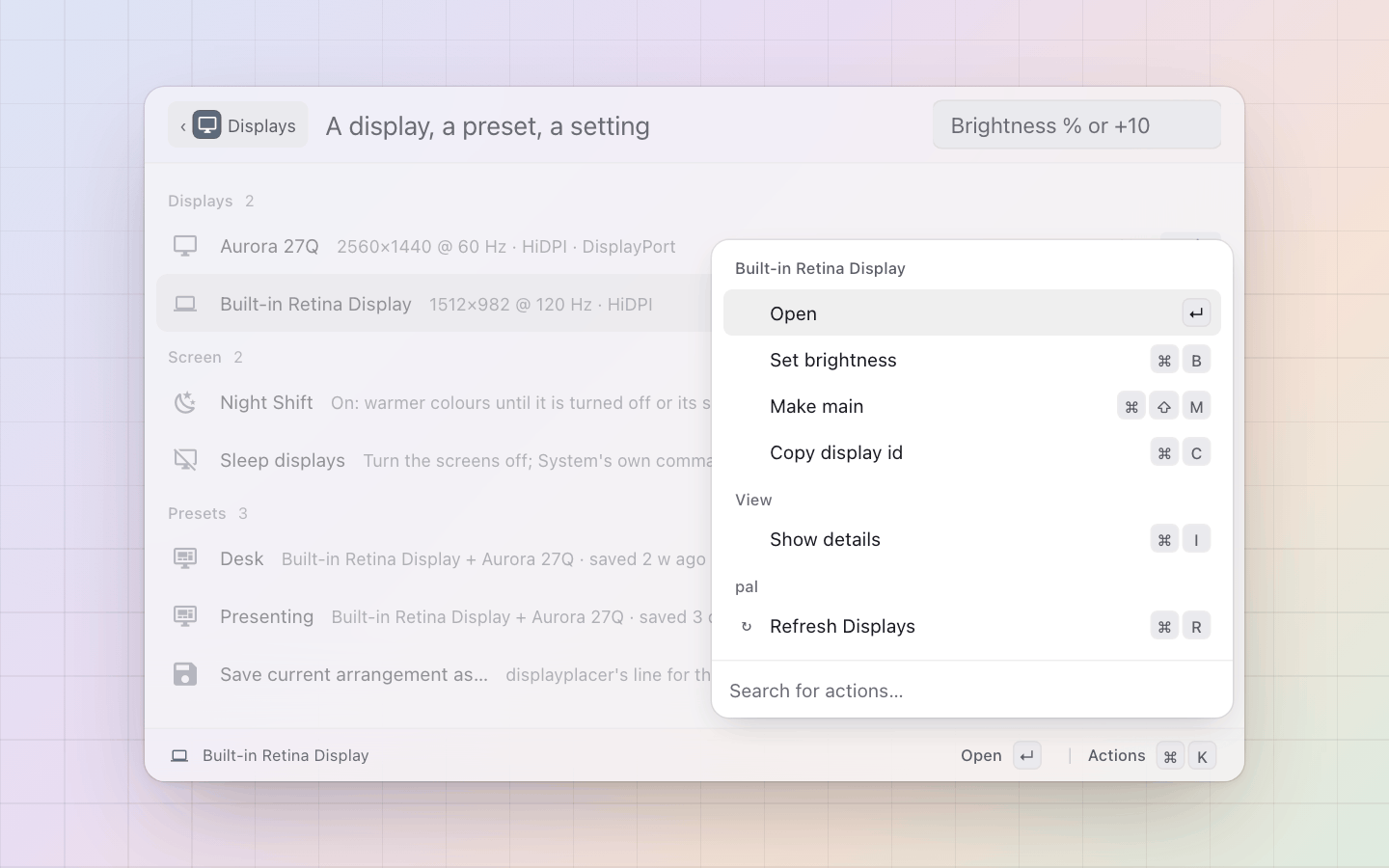 Displays: Set the brightness from the bar's text, make a display main or copy its id for a link