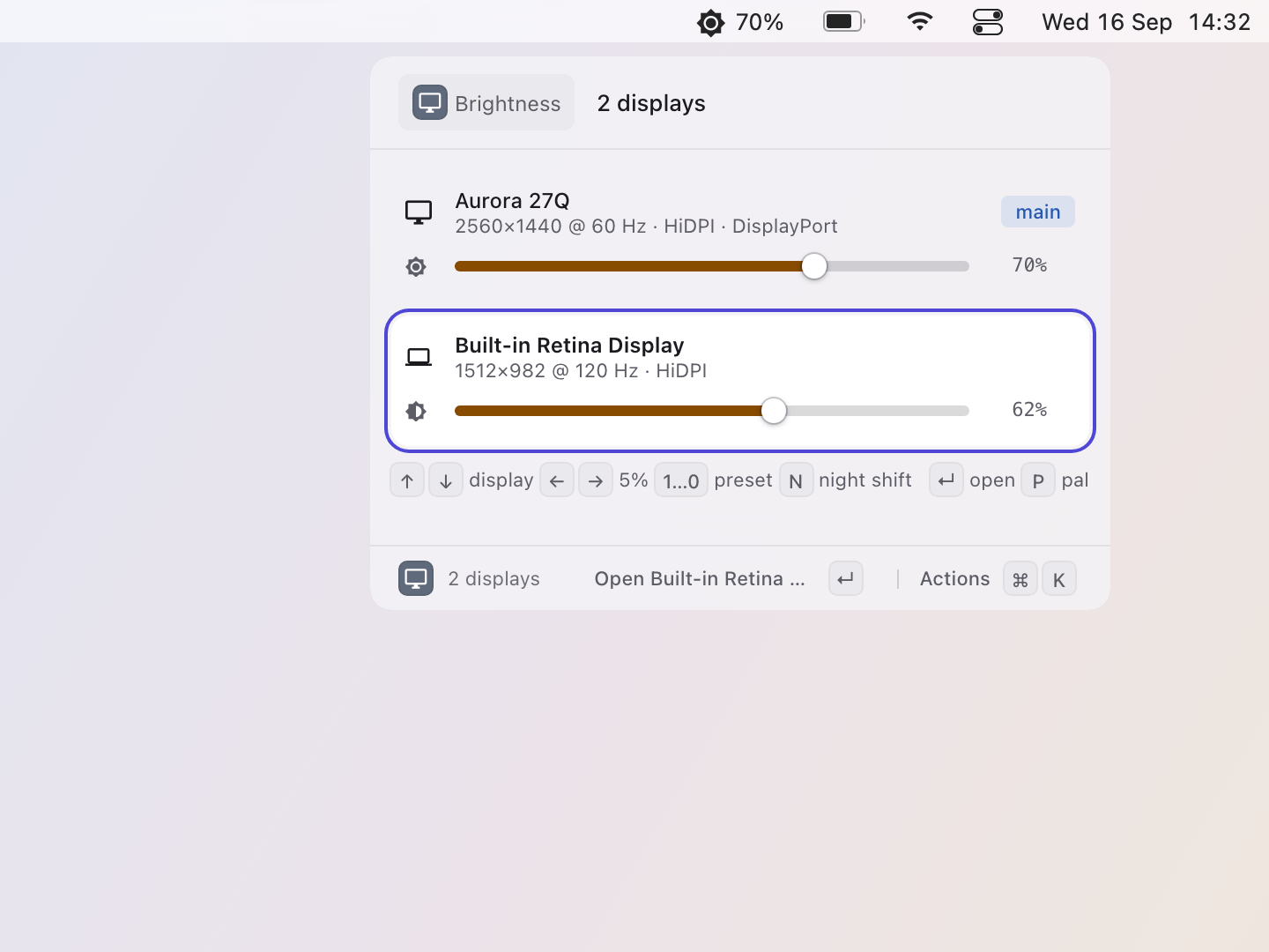 Displays: ↓ moves to the next display: the arrows and the digits now set the built-in panel