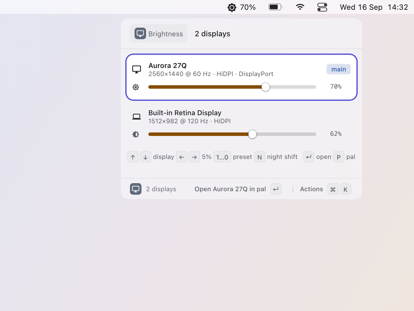 Displays: A click opens the popover: a card per display with its mode and a brightness slider