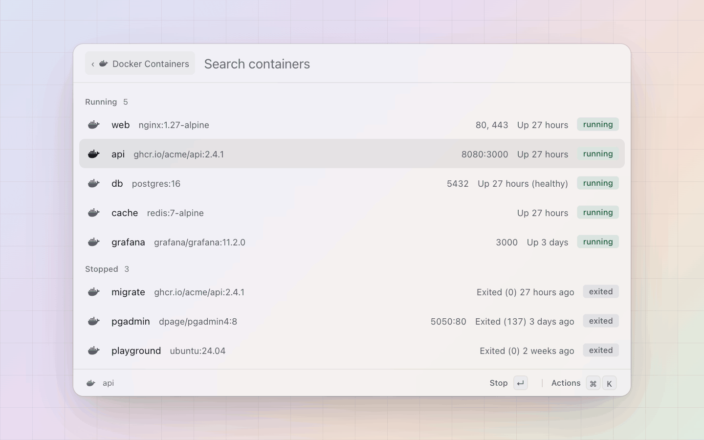 Docker: Containers, running first, with ports, status and a state tag
