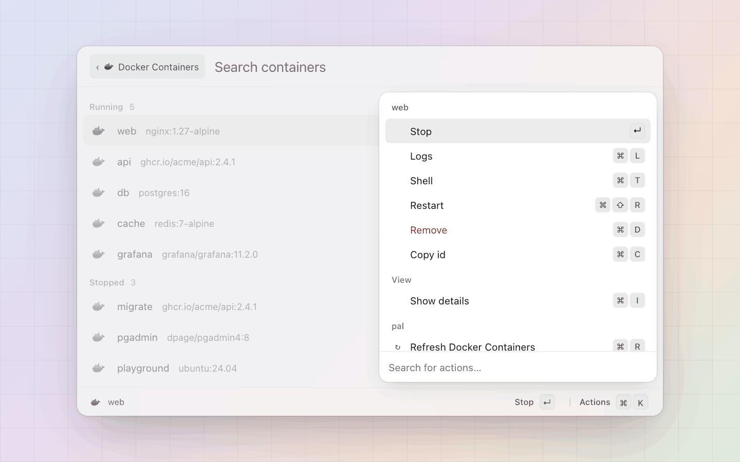 Docker: What a running container can do: stop, logs, shell, restart, remove