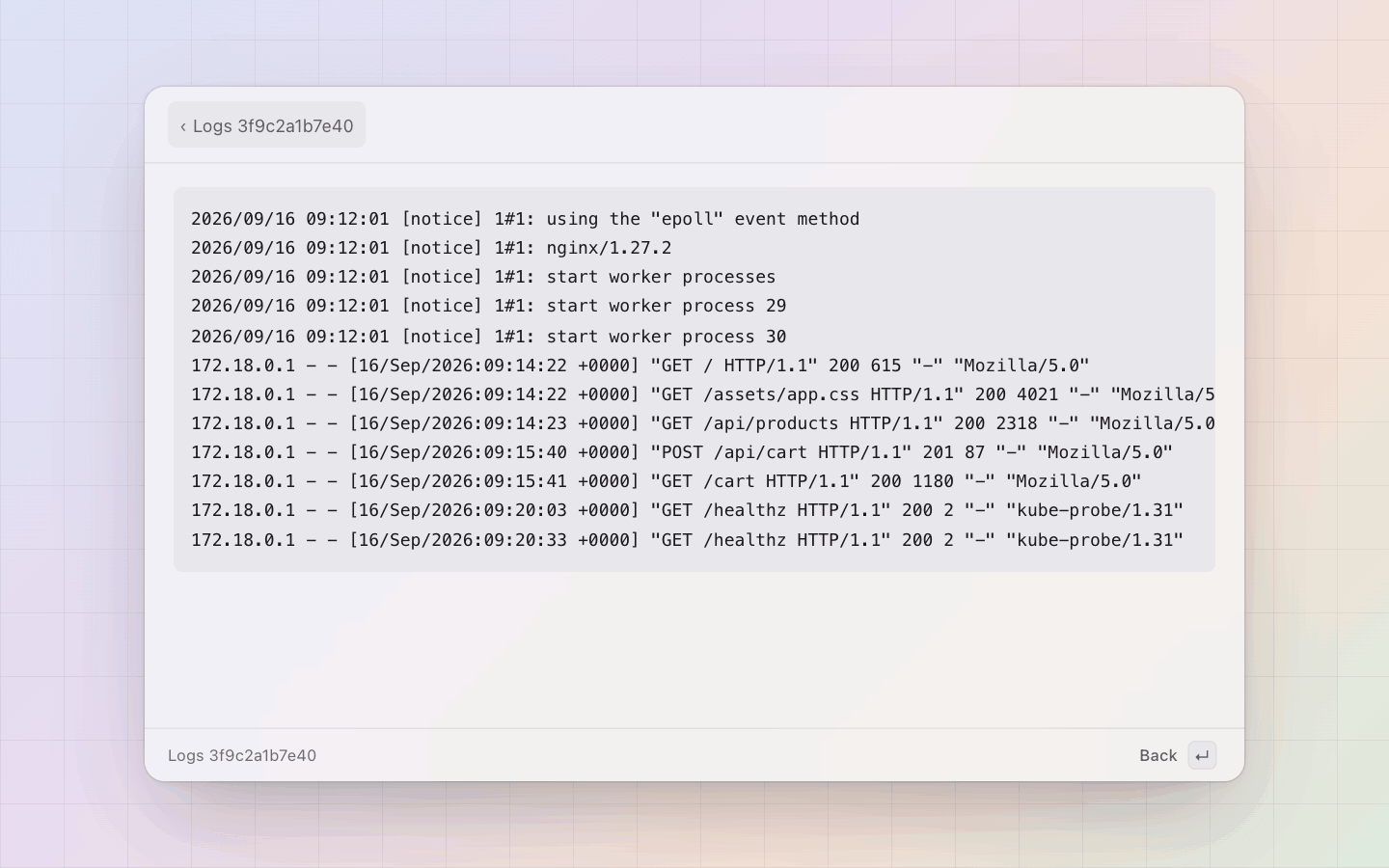 Docker: The last 200 log lines of a container, opened in the panel