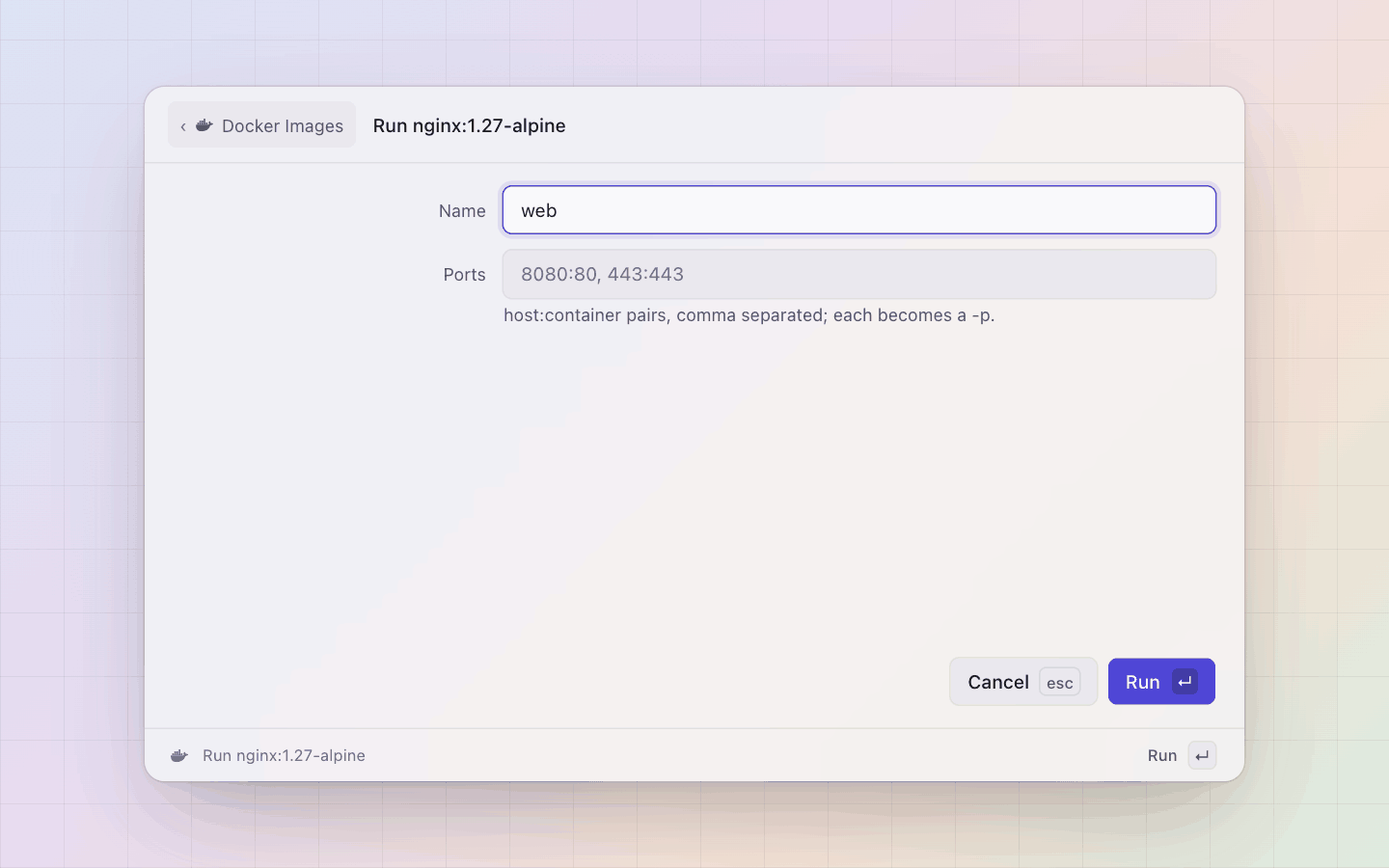 Docker: Running an image: the name and the ports, then docker run -d