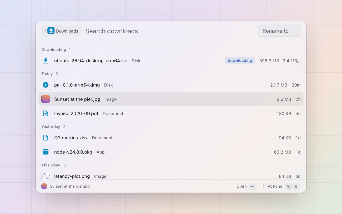 Downloads: The folder newest first: a download coming in, then Today, Yesterday, This week, Older with sizes and ages