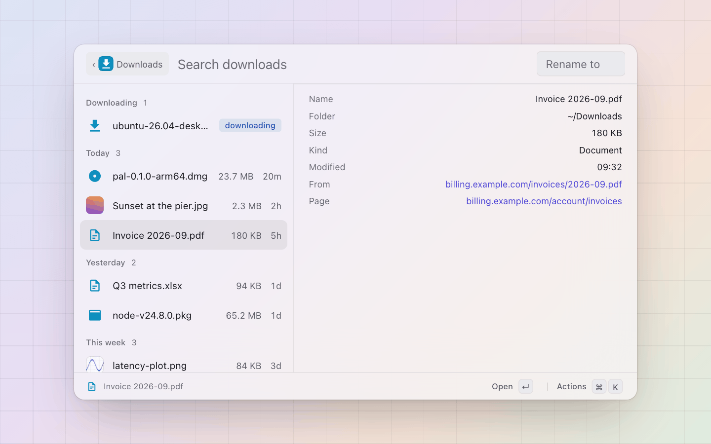 Downloads: The detail pane: name, folder, size, kind, modified, and the page the file came from
