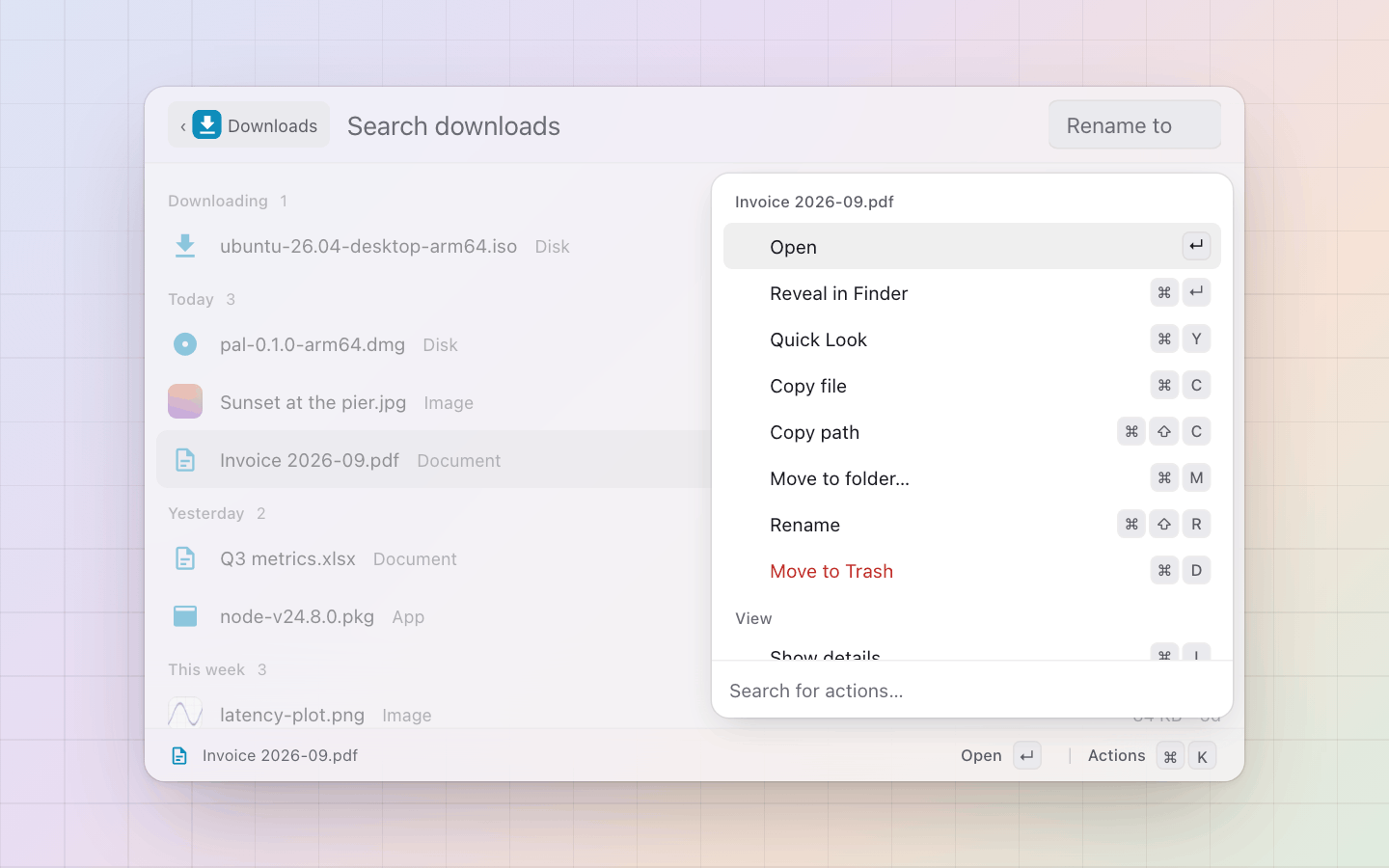 Downloads: What a download can do: open, reveal, copy, move, rename, trash