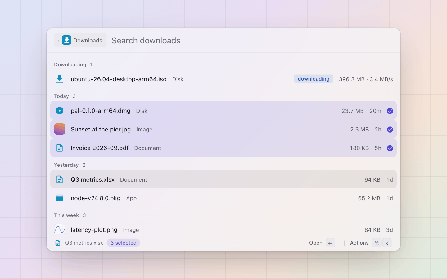 Downloads: Three rows marked with shift+down (Tab marks too): open, reveal, copy or trash them at once