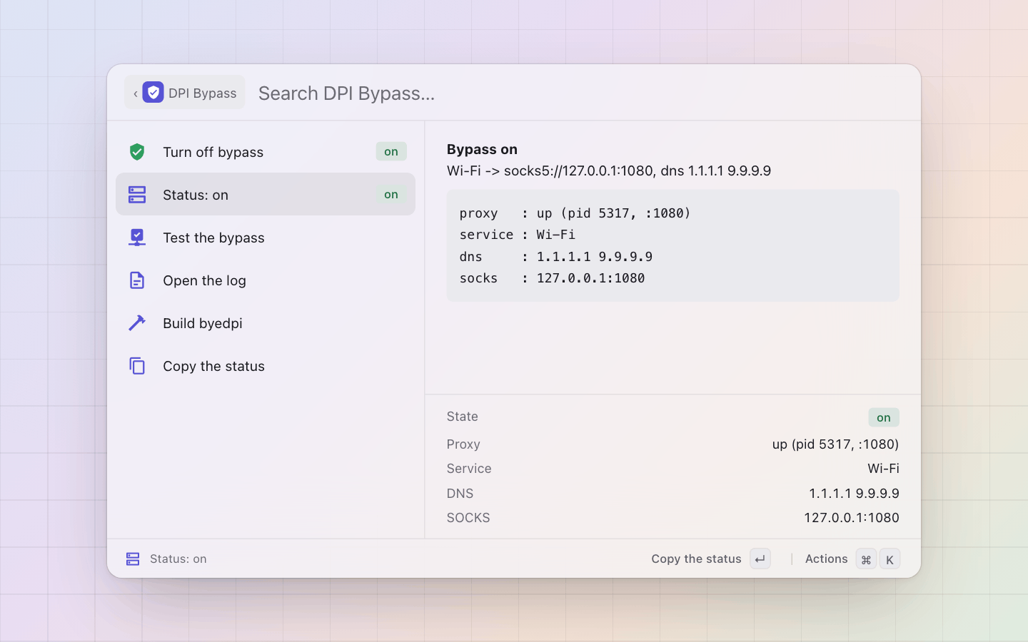 DPI Bypass: ⌘I on the status: what the script printed, and the proxy, the network service, the DNS and the SOCKS proxy it names