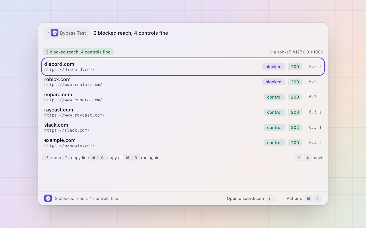 DPI Bypass: The test: a curl per url through the proxy, the blocked sites and the controls with their codes and times