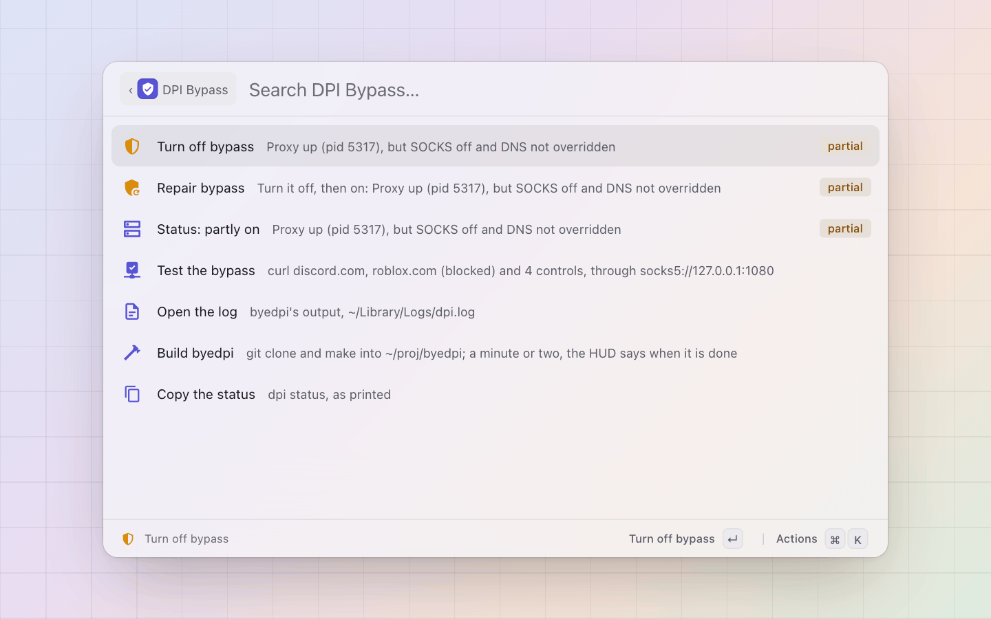 DPI Bypass: Half on: amber with the reason, and a Repair row that turns it off and on again