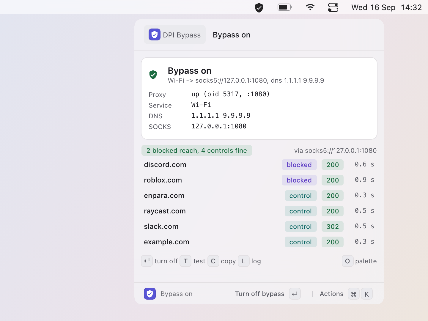 DPI Bypass: t runs the test in the popover: each url's code lands under the card