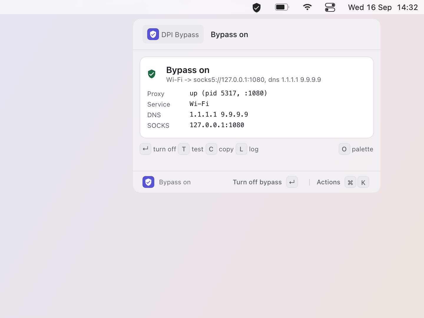 DPI Bypass: A click opens the popover: the status with its facts; Enter turns it off, t tests it