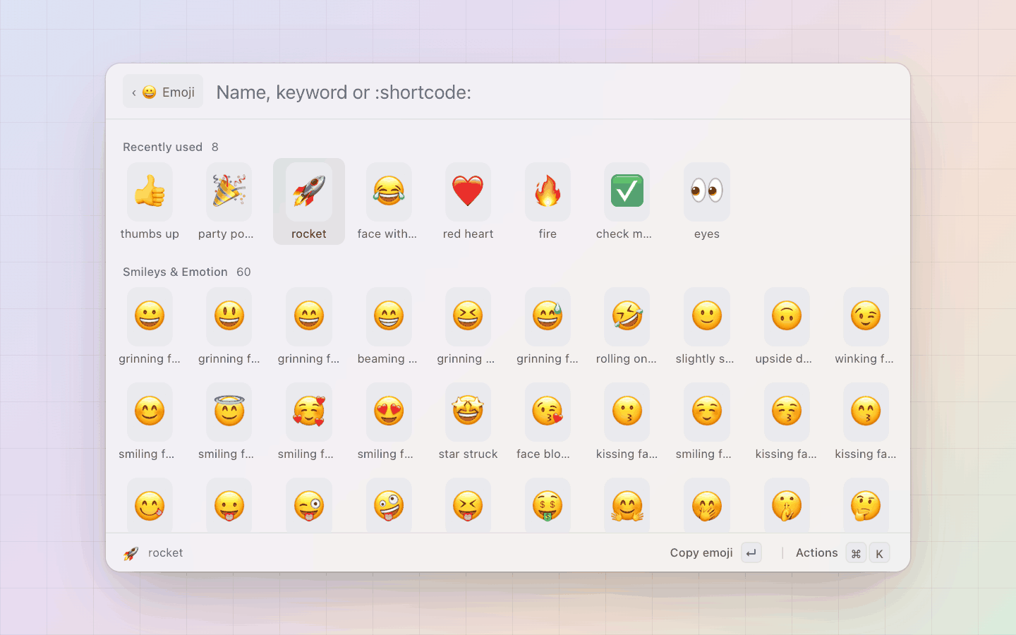 Emoji: The grid: Recently used, then Smileys & Emotion and the other groups