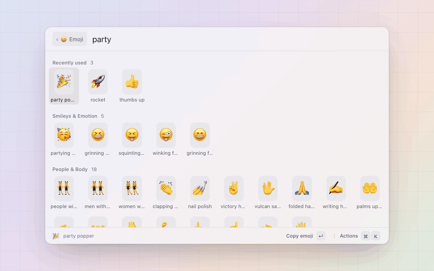 Emoji: Searching by keyword narrows the tiles across every group