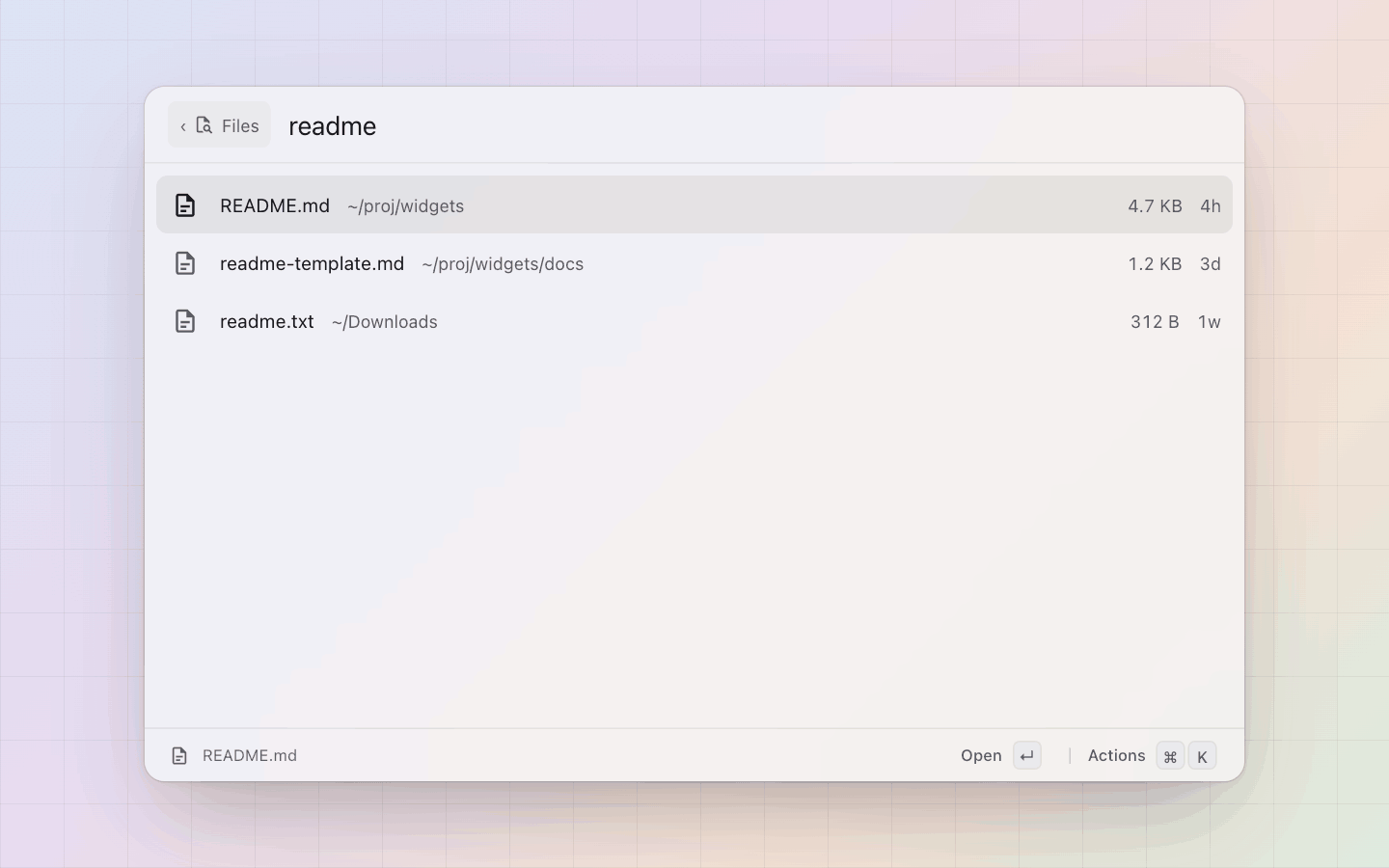 Files: Part of a file name typed: the matches under the configured folders, size and date on the right