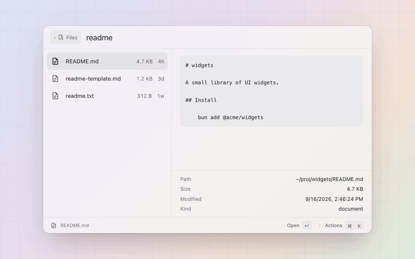 Files: The detail pane on a text file: path, size, modified, kind, and its first lines