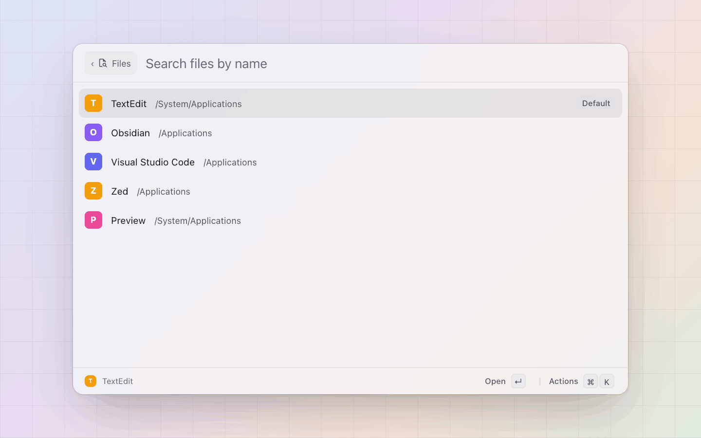 Files: Open with…: the apps registered for the file, the default tagged