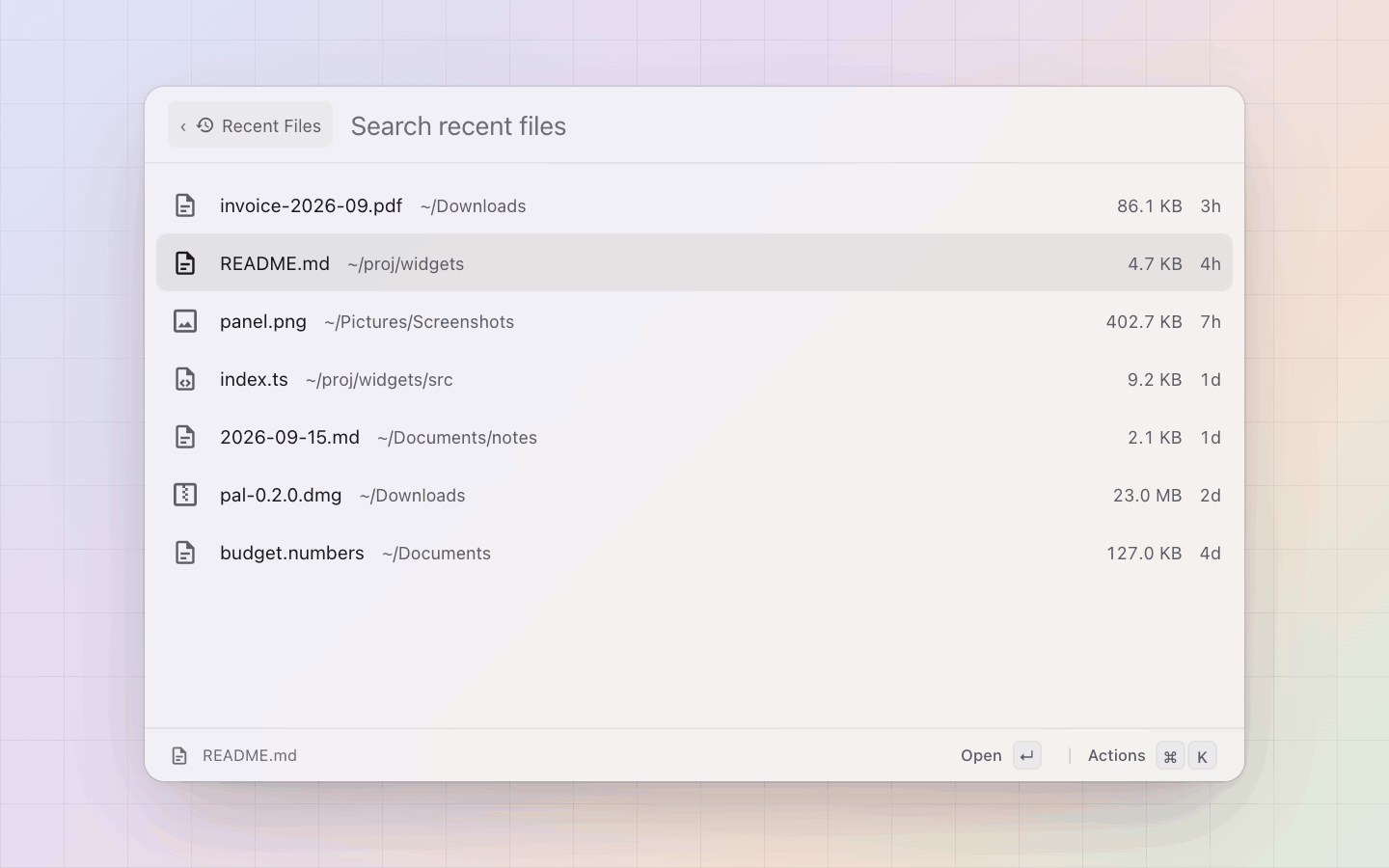 Files: Recent Files: what was used in the last seven days, newest first