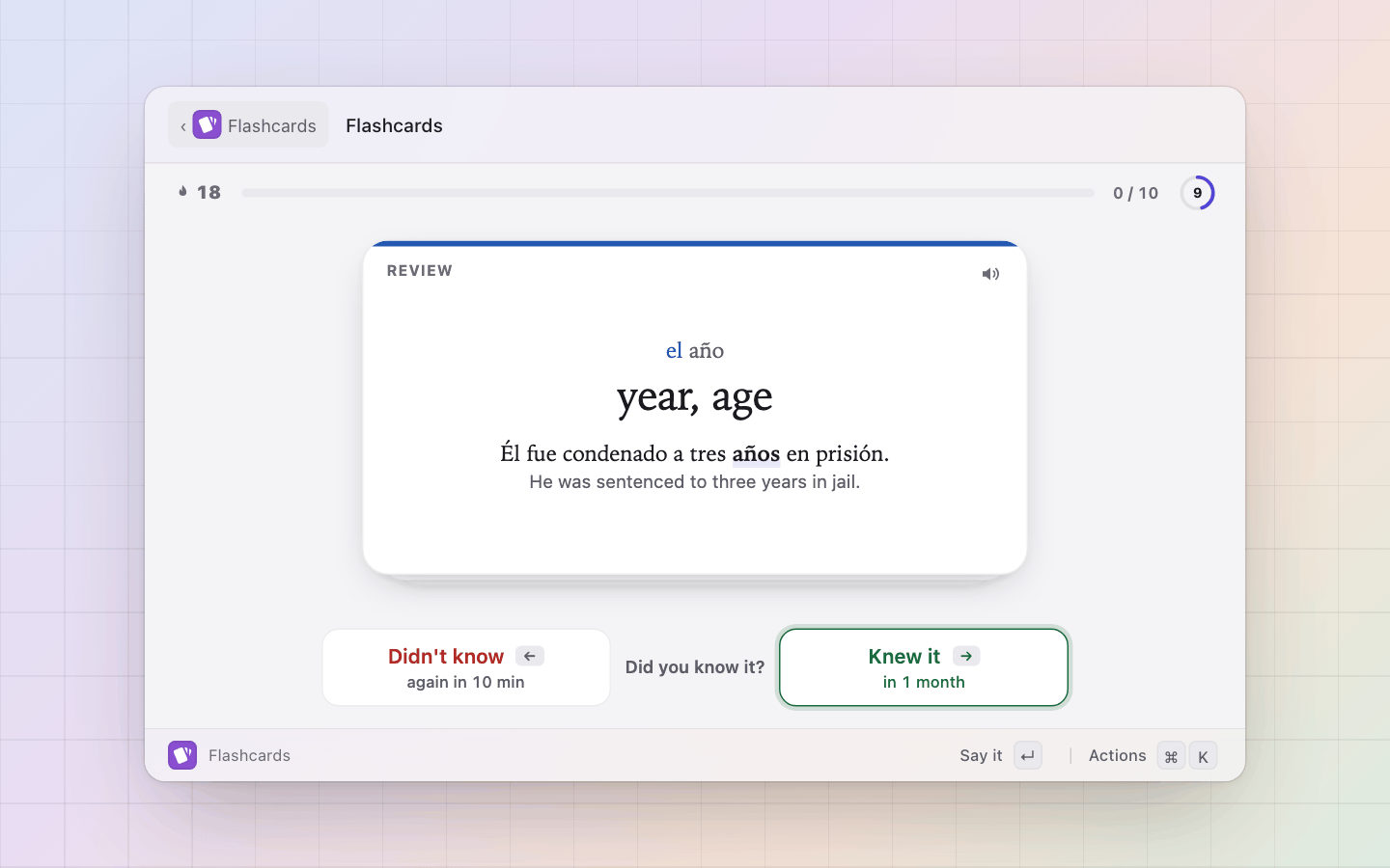 Flashcards: A card turned over: the meaning, an example with the word marked, the article coloured by gender, and when each answer brings it back