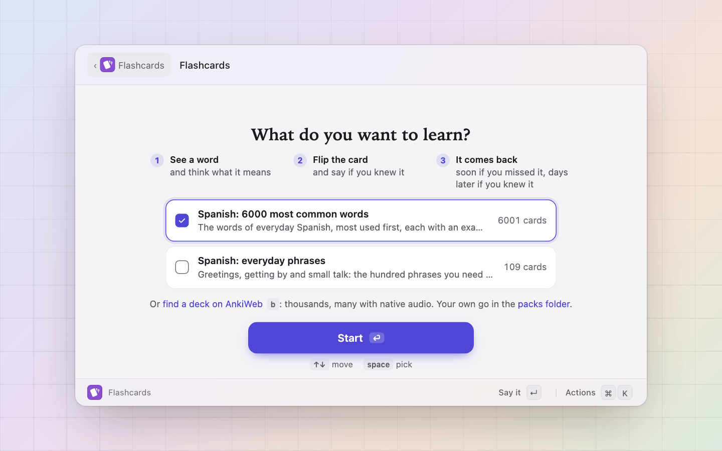 Flashcards: The first run: pick the packs to practise, or bring your own