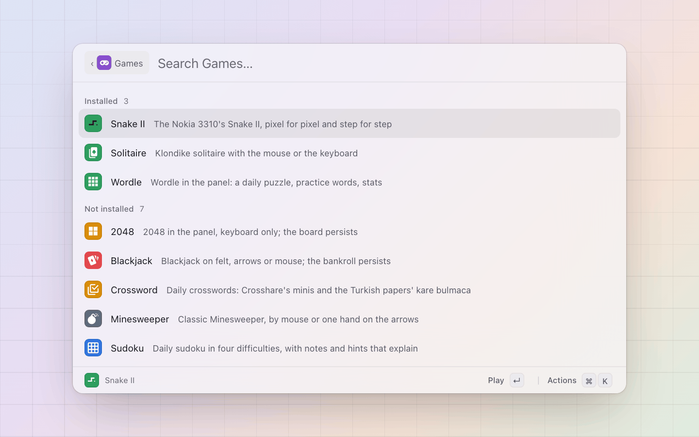 Games: Every game pal has, by name, each with its tile and what it is