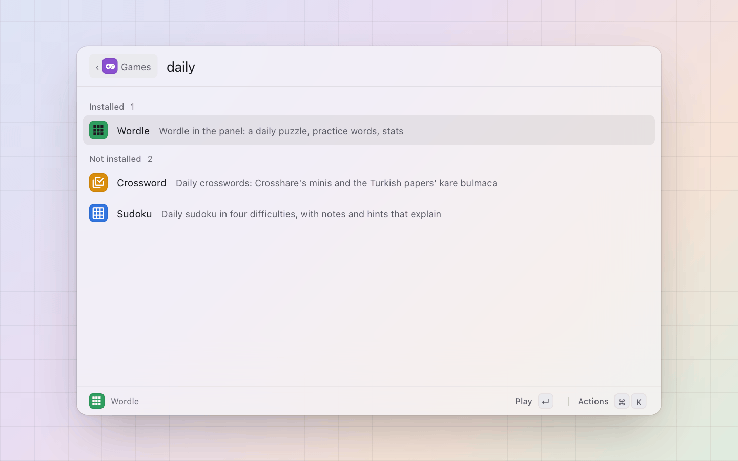 Games: Typing narrows the list, taglines included: daily finds the daily puzzles; Enter opens one