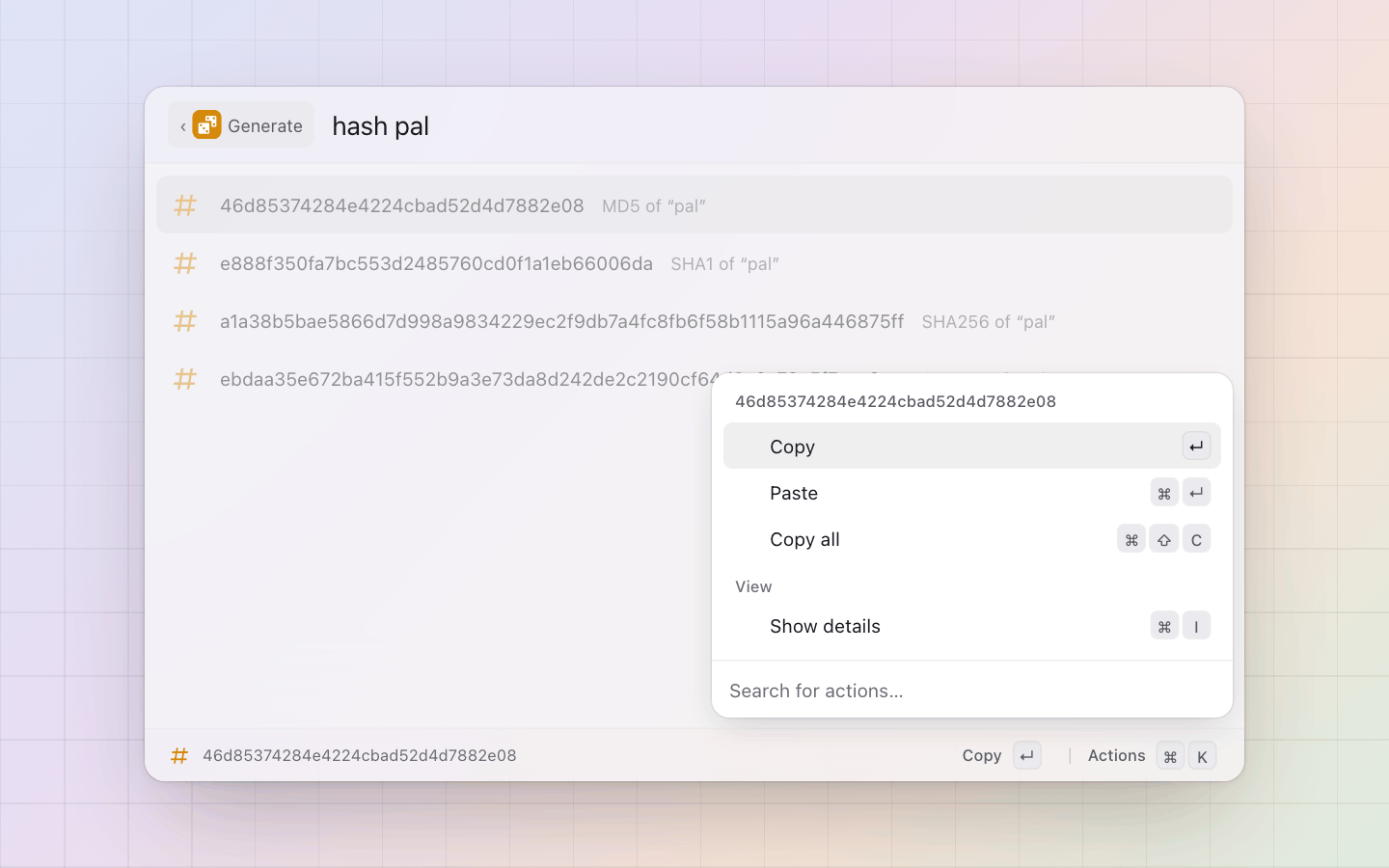 Generate: hash of typed text: all four digests, and Copy all on cmd+shift+c